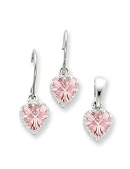 Sterling Silver Pink CZ Heart Earrings and Pendant Set. Metal Wt- 2.92g
