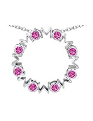 Original Star K (tm) Large MOM Circle Mothers pendant with Round Created Pink Sapphire in 925 Sterling Silver