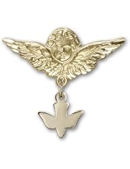 Gold Filled Baby Badge with Holy Spirit Charm and Angel with Wings Badge Pin