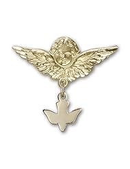 14K Gold Baby Badge with Holy Spirit Charm and Angel with Wings Badge Pin