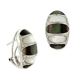 Art Deco Sterling Silver .925 Genuine Gray White Mother of Pearl MOP Inlay, Simulated Diamond cz Oval Omega Back Earrings