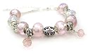 Designer-created Iridescent Pink Foil Lampwork Bead "Love" Charm Bracelet, 7.5 to 9.5 Inch Bracelet Has Extender Chain