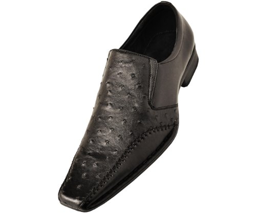 Amali Mens Black Classic Slip On Square Toe Smooth Dress Shoe with Ostrich Quill Print Vamp: Style 2859 Black-000