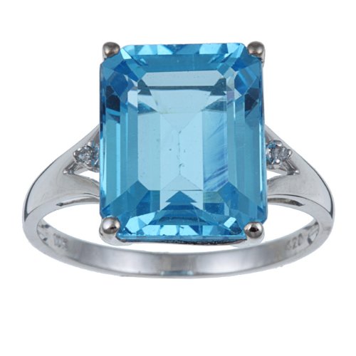 10k White Gold Emerald Cut Blue Topaz and Diamond Ring
