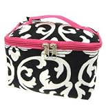 Cute! Cosmetic Makeup Bag Case Damask Print Hot Pink Trim Black White Small