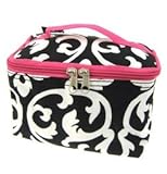 Cute! Cosmetic Makeup Bag Case Damask Print Hot Pink Trim Black White Small