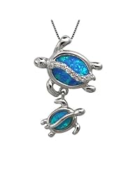 Mom and Baby Turtle Silver Blue Opal Necklace Pendant with Chain