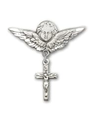 Sterling Silver Baby Badge with Crucifix Charm and Angel w/Wings Badge Pin