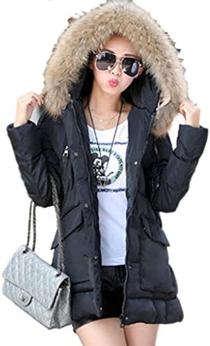 Women's Fur-Trimmed Thickened Long Cotton Down Jacket Hoodies X-Large Black