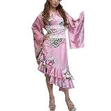 女度アップ花魁系サテン地アシンメトリ着物ロングドレス/Pinkピンク/as88