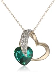 10k Yellow Gold Heart Created Emerald Diamond Pendant Necklace (1/10 cttw, I-J Color, I2-3 Clarity), 18"