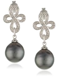 Sterling Silver 9-9.5mm Tahitian Cultured Pearl and Diamond Earrings (0.1 cttw, G-H Color, I2-I3 Clarity)