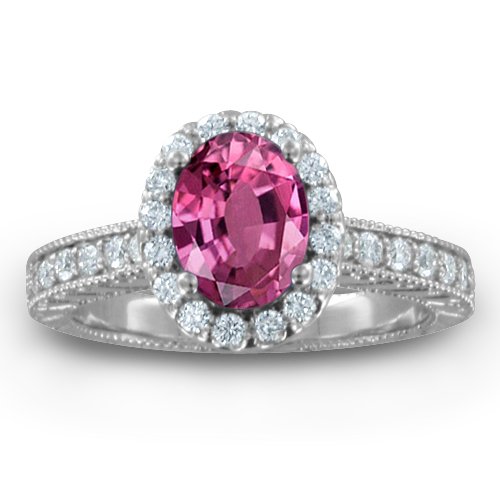 Vintage Inspired Natural Pink Sapphire Diamond Engagement Ring 14k White Gold Halo Ring (G, SI1, 1.42 cttw), 7x5mm, Certificate of Authenticity