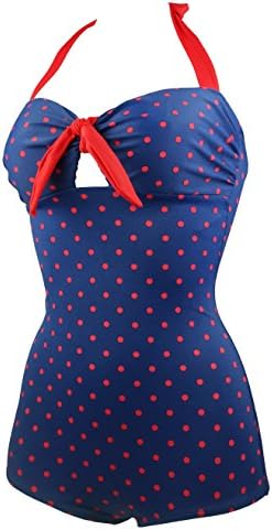 Cocoship 50s Retro Polka Dot Black Navy Blue Vintage One Piece Monokinis Halter Swimsuit(FBA)