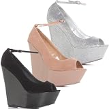 Ladies Womens Black Nude Silver Glitter Wedding Party Wedges High Peeptoe Shoes Sandals Size 3-8