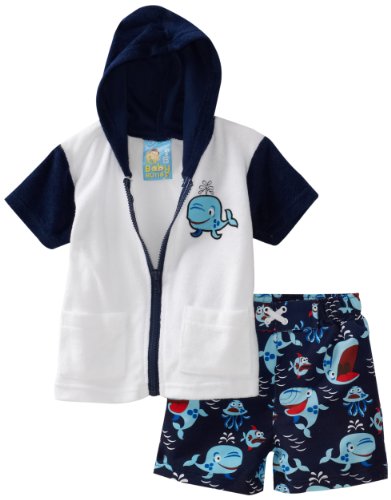 Baby Bunz Boys Infant Fishy Friends Terry Cover-Up With Swimtrunk, Dark Blue, 24 Months