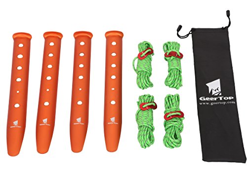 GEERTOP 12.2-in Aluminum Tent Stakes & 4mm Reflective Guy lines with Cord Adjuster & Pouch for Sand Snow Camping Hiking (Orange)