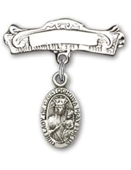 Sterling Silver Baby Badge with Our Lady of Czestochowa Charm and Arched Polished Badge Pin