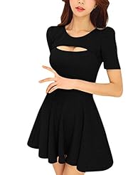 Sexy A-line Round Neck Above the Knee Short Puff Sleeves Cotton/Polyester Stretchy  Cutout  Dress With Ruffles