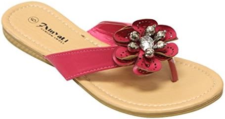 XinYaLi GX012-303 Women's casual wear flat thong flip-flop rhinestone flower floral upper faux leather sandals Fuchsia 8.5