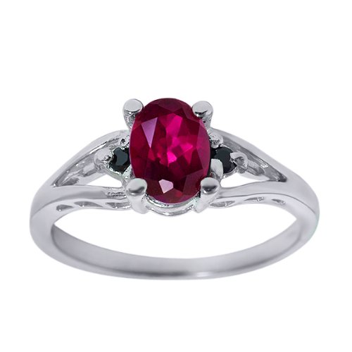 1.00 Ct Oval Ruby Red Topaz Black Diamonds Silver 