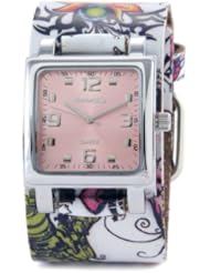 Nemesis Womens 302-516P Punk Rock Floral Design Leather Cuff Band Watch