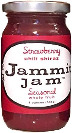 Spreadable whole-fruit, natural raw cane sugar, herbs or spices, and a splash of libation, 8 ounce Jar (Strawberry Chili Shiraz)