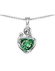 Original Star K (tm) Loving Mother With Child Hugging Pendant With 8mm Heart Shape Simulated Emerald in .925 Sterling Silver