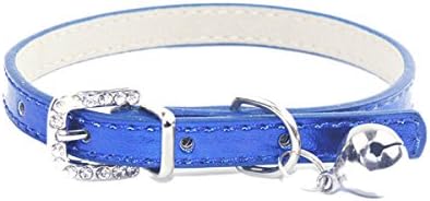 Blue Medium Metallic Leather Dog Puppy Cat Collars with Bell 8-11 Inches