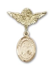 14K Gold Baby Badge with St. Raphael the Archangel Charm and Angel with Wings Badge Pin