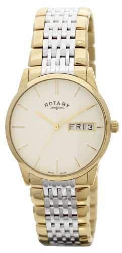 Rotary Gents Round White Gilt Baton Dial 2 Colour Bracelet Watch GB02323/02