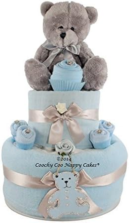 New Baby Boy Teddy Bear Cupcake Nappy Cake Baby shower Gift FREE DeliveryTwo Tier (Blue) by Coochy Coo Nappy Cakes