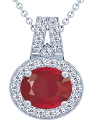 14K White Gold Oval Cut Ruby And Round Diamond Pendant