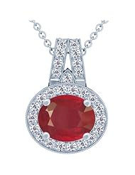 18K White Gold Oval Cut Ruby And Round Diamond Pendant