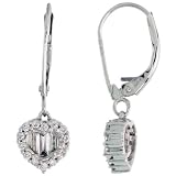 14k White Gold Lever Back Heart Earrings, w/ 0.50 Carat Baguette & Brilliant Cut Diamonds, 15/16 in. (24mm) tall