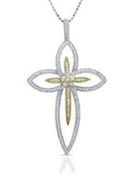 0.67 total carat Round Brilliant Cut Diamond Cross Pendant With Chain in 14k White & Yellow Gold