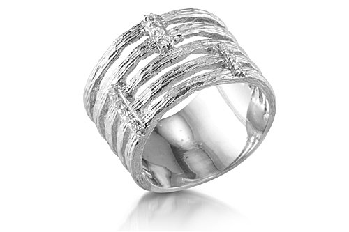14K White Gold Matte-Finish Hand-Crafted Designer Ring, Enhanced with Pave Set Diamond Bars.