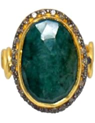 4.75 ctw Natural Green Emerald and 0.23 ctw Diamond Stud Pave Ring in 18K Yellow Gold and Sterling Silver