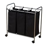 Household Essentials Rolling Triple Sorter Laundry Hamper with Black Polyester Bags, Satin Silver Frame