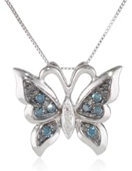 10k White Gold Ocean Irradiated and White Diamond Butterfly Pendant Necklace (1/8 cttw, I-J Color, I2-I3 Clarity), 18"