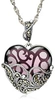 Sterling Silver Marcasite Amethyst-Color Glass Heart Pendant, 18"