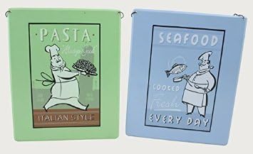 Nostalgic Pasta &amp; Seafood Kitchen Enameled 10" Metal Signs, Green &amp; Blue