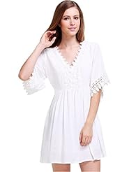V-neck Shift General Print Short Elbow Length Sleeves Cotton Embroidered Lace Backless Mini Dress 