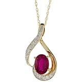 14ct Gold 18 in. Chain & 3/4 in. (20mm) tall Swirl Pendant, w/ 0.07 Carat Brilliant Cut Diamonds & 1.24 Carats Oval Cut 7x5mm Enhanced Ruby Stone