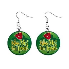 1 Inch Button Earrings of Kiss Me I'm Irish (Green Shamrock, Celtic, Club, Gold, Irish, Ireland,...