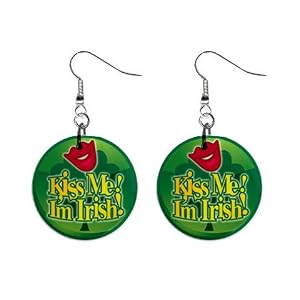 1 Inch Button Earrings of Kiss Me I'm Irish (Green Shamrock, Celtic, Club, Gold, Irish, Ireland,...