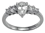 Genuine Cassis (TM) 925 Sterling Silver Rhodium Finish CZ Pear Shape Prong Engagement Ring. (Available in sizes 5 - 9). 100% Satisfaction Guaranteed.