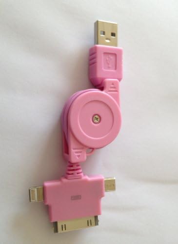 iPhone 3-in-1 USB Data Sync & Charger Retractable Cable for All iPhones, iPods, iPads, Androids, Bluetooth Headsets, BlackBerry (30pin + 8pin Lightning + microUSB, Pink) - Bloobury