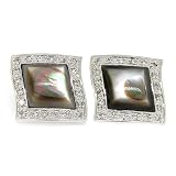.925 Sterling Silver Shimmery Lozenge Earrings w Black MOP and White CZs