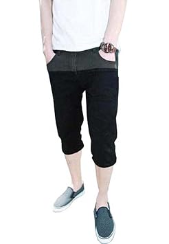 【クリックでお店のこの商品のページへ】メンズ スリム パンツ ブラック ジーンズ ショート パンツ ストレート カジュアル 7分丈 2色 黒 灰 色 ツートン カラー: スポーツ&アウトドア
